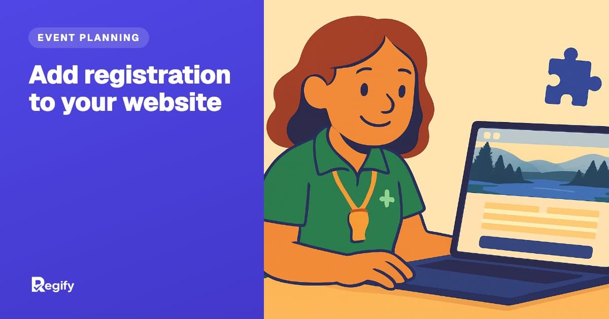 A camp director at a laptop showing a registration form built into a camp website