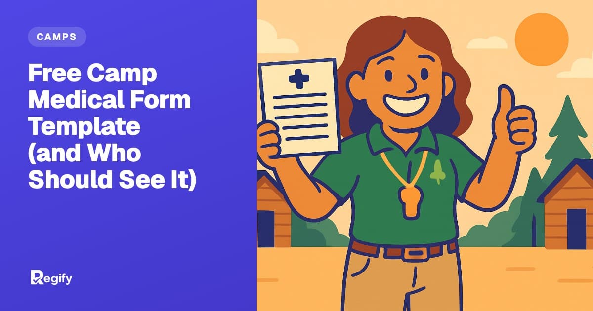 A camp director holding up a camper health form in front of cabins