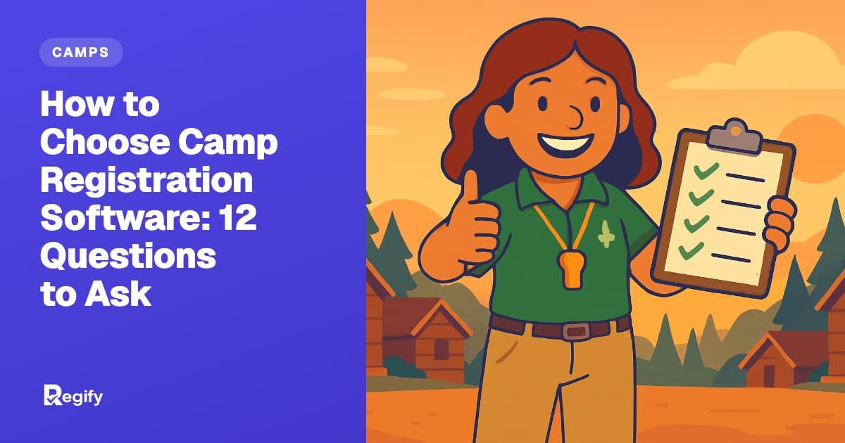 A camp director holding a checklist in front of cabins and pine trees
